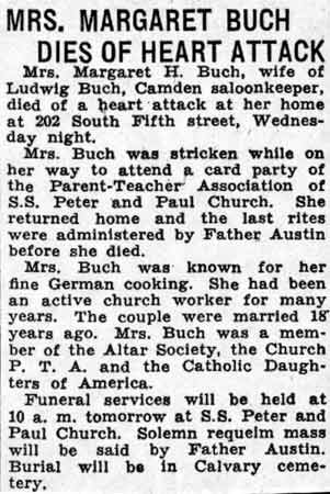Camden Courier-Post, January 28, 1938 — Mrs. Margaret Buch Dies of Heart Attack