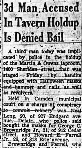 Camden Courier-Post, December 2, 1951 — 3d Man Accused In Tavern Holdup Is Denied Bail, column 1