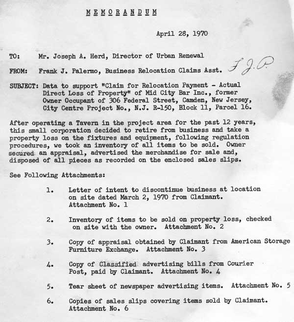 Memorandum, April 28, 1970, regarding Mid City Bar relocation claim