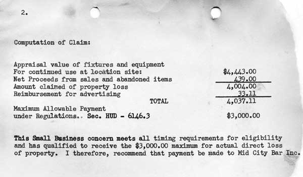 Computation of Claim, Mid City Bar, 1970