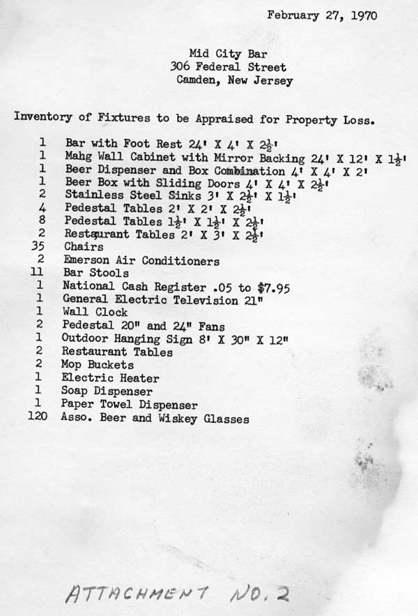 Inventory of Fixtures, Mid City Bar, February 27, 1970