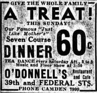 O'Donnell's Restaurant and Cafe advertisement, Camden Courier-Post, January 15, 1938