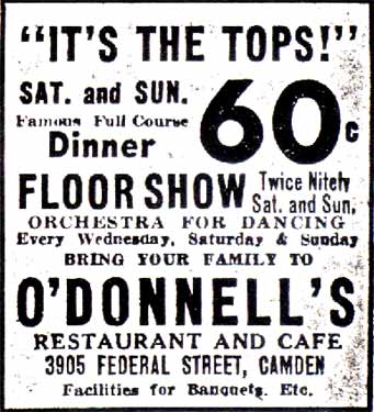 O'Donnell's Restaurant and Cafe advertisement, Camden Courier-Post, October 3, 1936