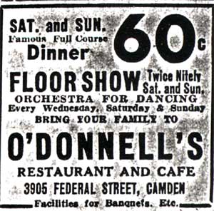 O'Donnell's Restaurant and Cafe advertisement, Camden Courier-Post, October 17, 1936