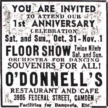 O'Donnell's 1st Anniversary advertisement, Camden Courier-Post, October 24, 1936