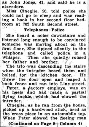 Burglar Trapped By Sleepless Girl, Camden Courier-Post, January 15, 1938, page 2