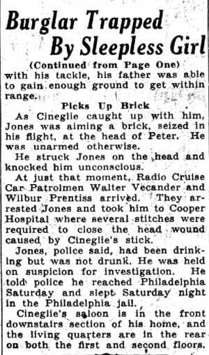 Burglar Trapped By Sleepless Girl, Camden Courier-Post, January 15, 1938, page 3