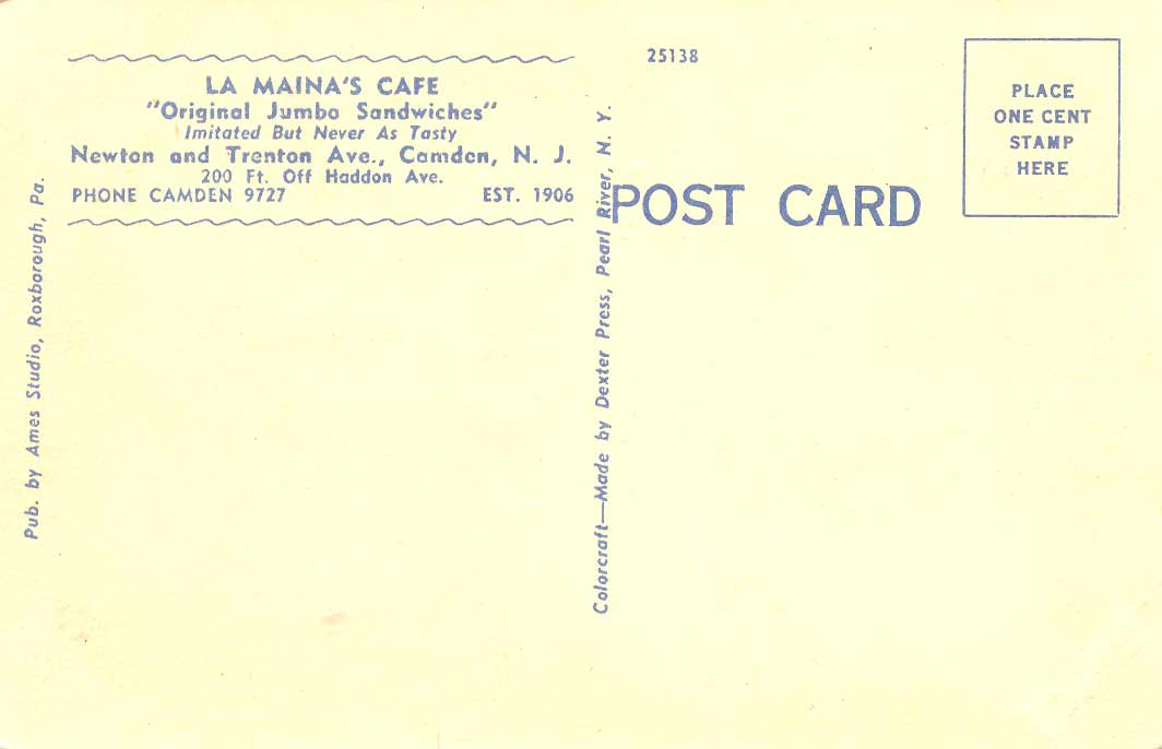 LaMaina's Bar postcard reverse — 'Original Jumbo Sandwiches', Newton and Trenton Ave., Camden NJ, Est. 1906