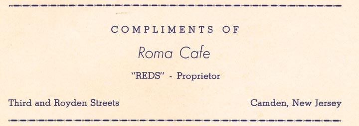 Advertisement for the Roma Cafe in the 1959 Veterans Boxing Association Ring No. 6 banquet program