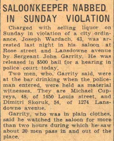 Newspaper clipping: Saloonkeeper Nabbed in Sunday Violation, Camden Courier-Post, August 14, 1935