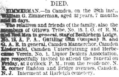 Died — William G. Zimmerman — Camden Courier, March 1, 1888