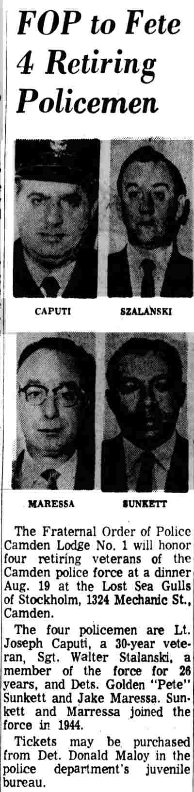FOP to Fete 4 Retiring Policemen, Camden Courier-Post, August 12, 1970 — dinner at the Lost Sea Gulls of Stockholm, 1324 Mechanic Street