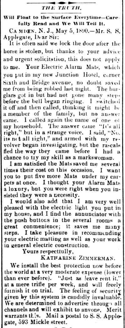 The Truth — Katharine Zimmerman endorses electric alarm mats — Camden Daily Telegram, May 13, 1890