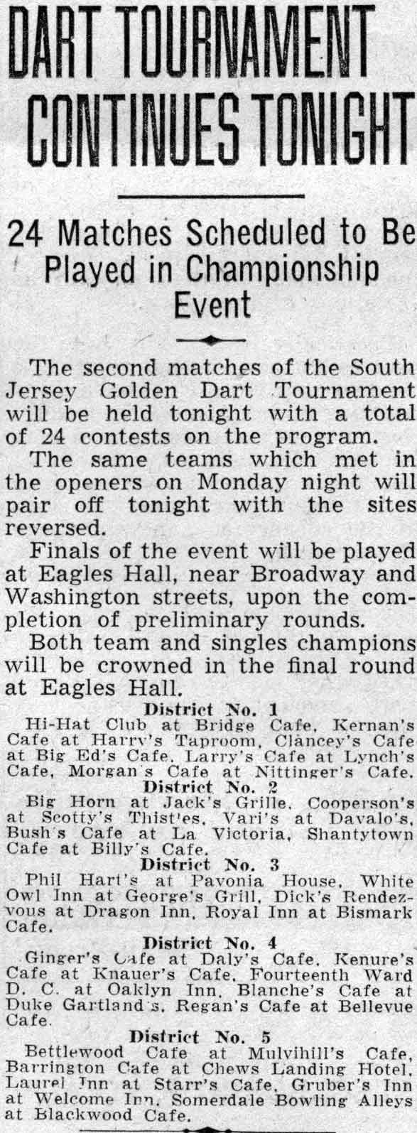 Camden Courier-Post, February 24, 1938 — Dart Tournament Continues Tonight