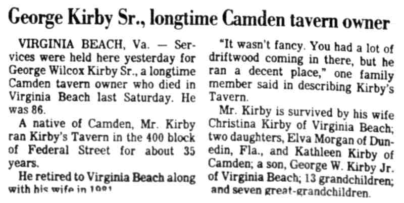 George Kirby Sr. obituary, Camden Courier-Post, April 13, 1988