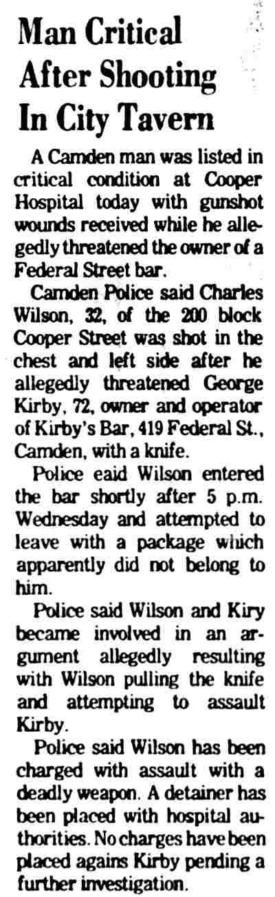 Man Critical After Shooting In City Tavern, Camden Courier-Post, June 13, 1974 — shooting at Kirby's Bar