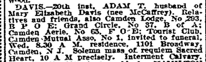 Death notice for Adam T. Davis, Philadelphia Inquirer, April 22, 1912