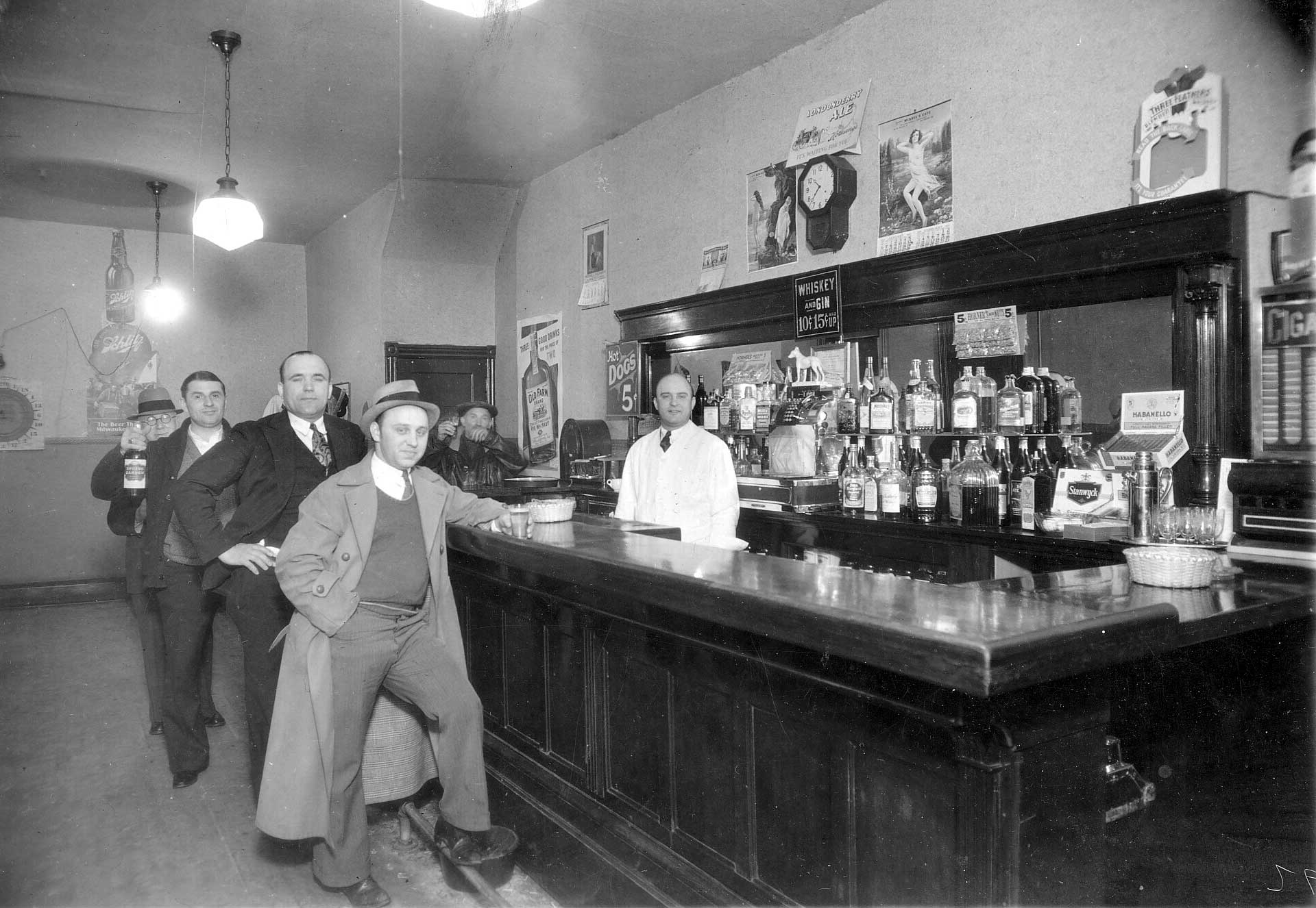 Interior of 1101 Kaighn Avenue bar, 1935 — L to R: unknown, unknown, Pete Dechnik, Stanley Adamski, unknown, Frank Adamski (bartender)