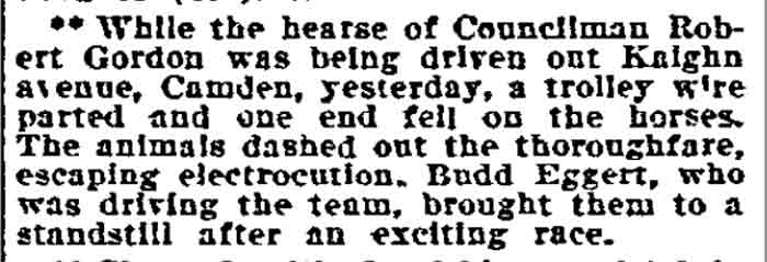 Newspaper clipping: Councilman Gordon's hearse horse incident, August 22, 1906