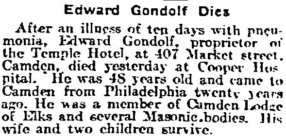 Edward Gondolf obituary — Philadelphia Inquirer, April 4, 1918