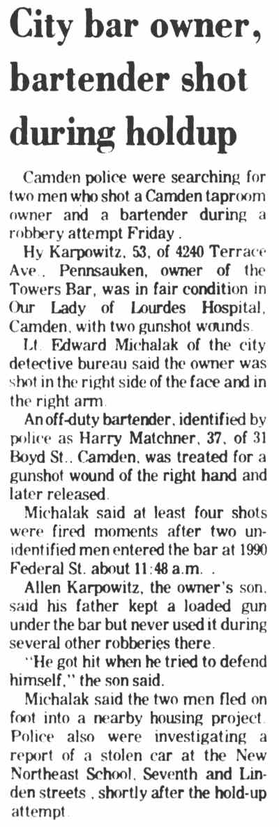 Camden Courier-Post, January 20, 1979 — City bar owner, bartender shot during holdup