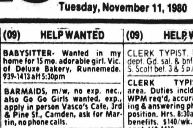 Vasco's Cafe classified advertisement, Camden Courier-Post, November 11, 1980