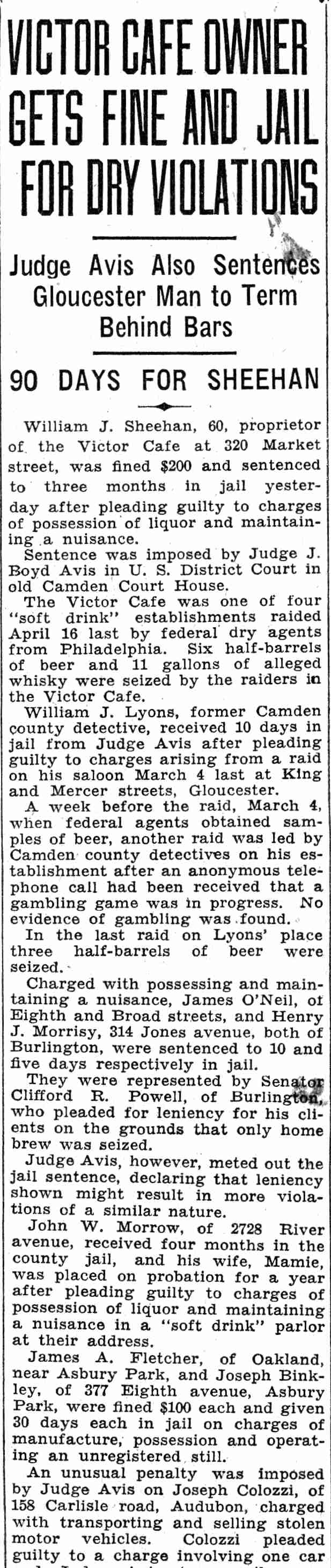 Victor Cafe Owner Gets Fine and Jail for Dry Violations, Camden Courier-Post, June 18, 1932