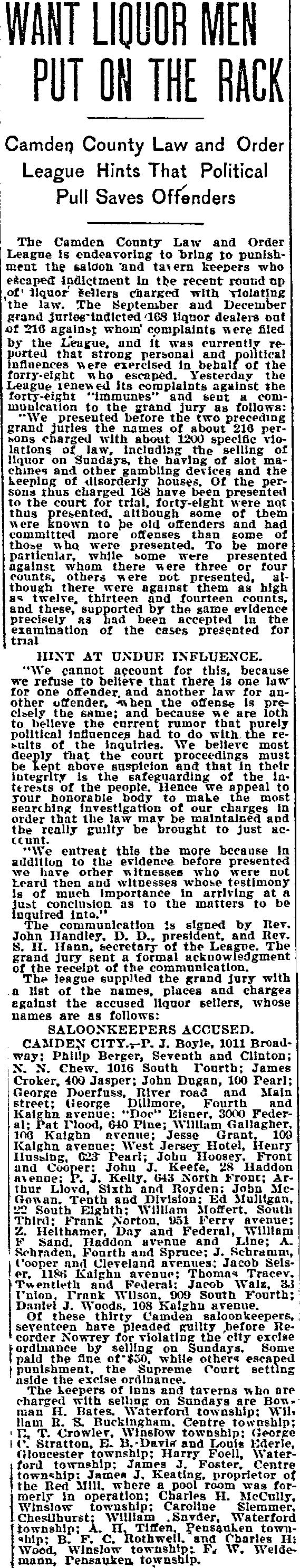 Philadelphia Inquirer, April 14, 1900, Want Liquor Men Put on the Rack