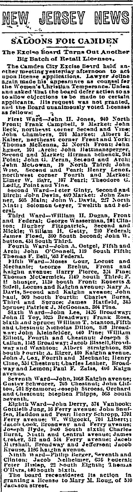 Philadelphia Inquirer, June 29, 1894, Saloons for Camden