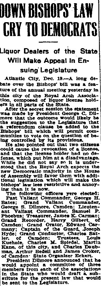 Trenton Times, December 19, 1906, Down Bishops' Law Cry to Democrats