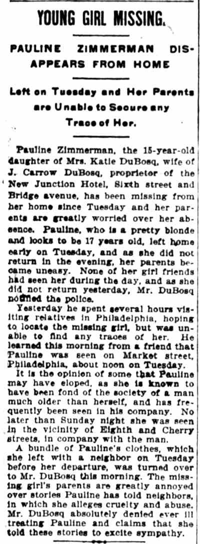 Young Girl Missing — Zimmerman Disappears from Home — Camden Post-Telegram, April 25, 1901