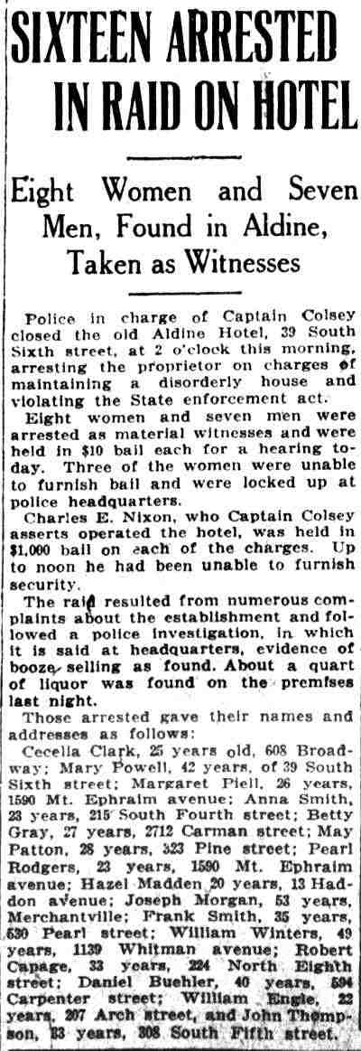 Sixteen Arrested in Raid on Hotel — Camden Post-Telegram, May 30, 1924