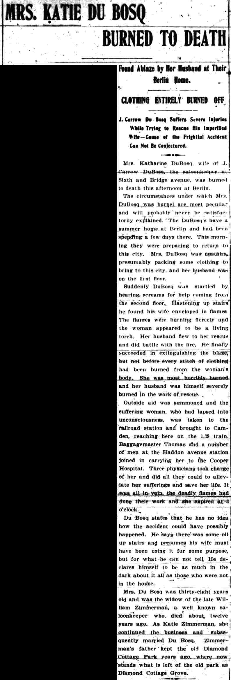 Mrs. Katie Du Bosq Burned to Death — Camden Daily Courier, December 10, 1901