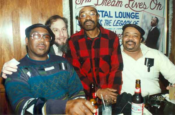 Leroy Bush, Phil Casden, and guests at birthday party, Krystal Lounge, December 11, 1996