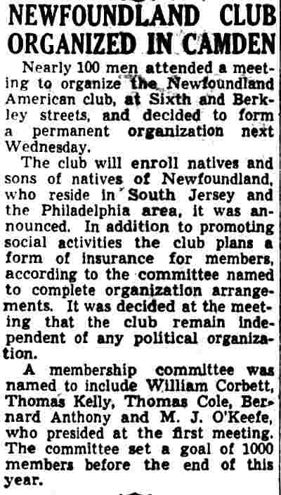 Newfoundland Club Organized in Camden, Camden Courier-Post, April 26, 1941