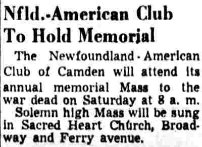 Nfld.-American Club To Hold Memorial, Camden Courier-Post, November 5, 1947