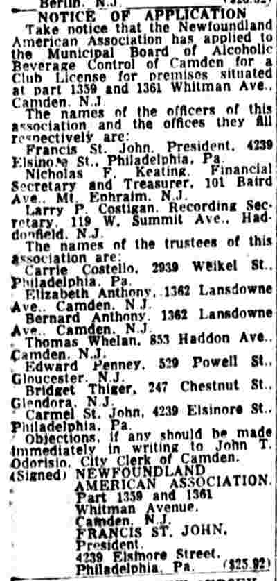 Notice of Application for Club License, Newfoundland American Association, November 19, 1961