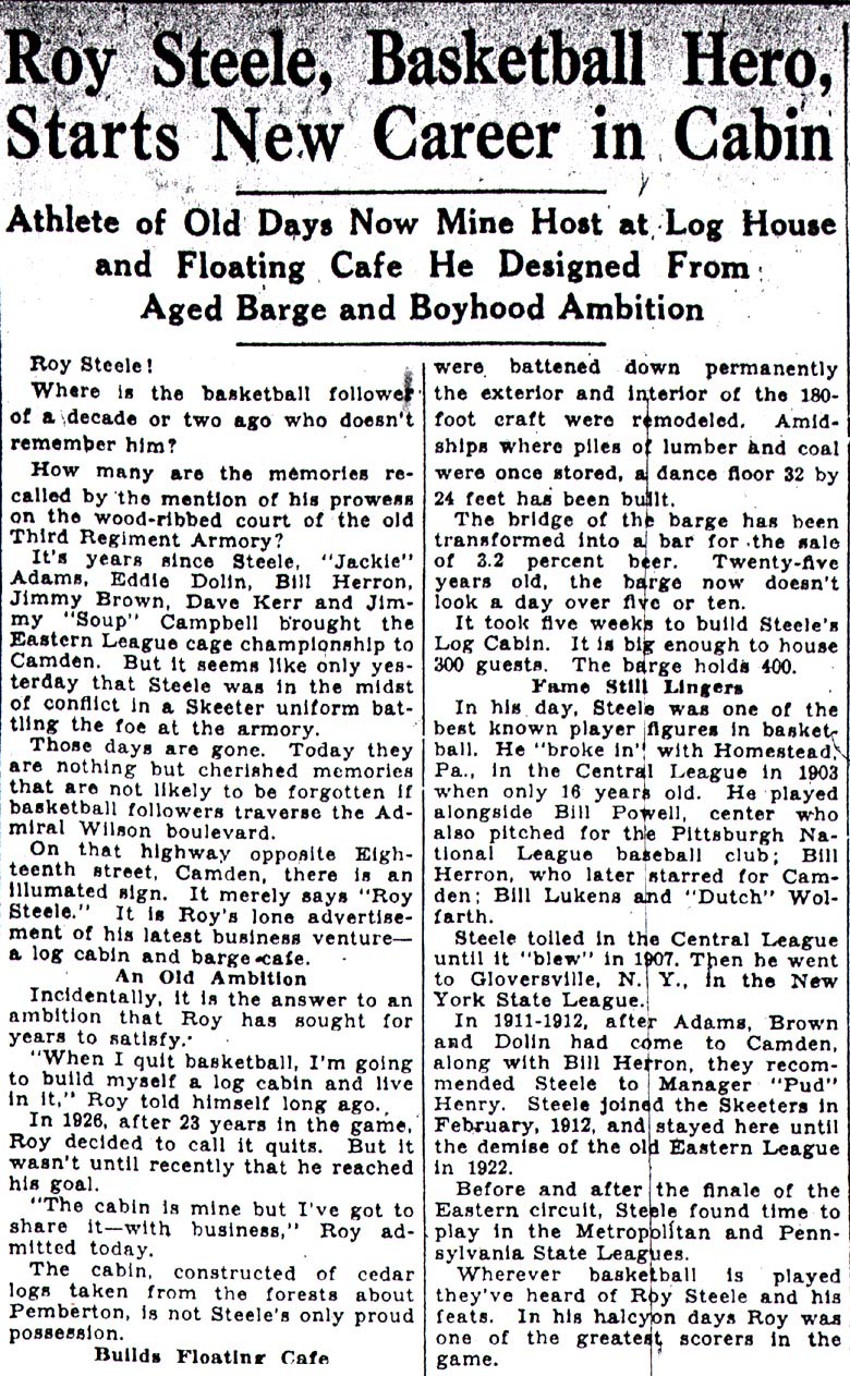 Roy Steele, Basketball Hero, Starts New Career in Cabin — Camden Courier-Post, July 14, 1933