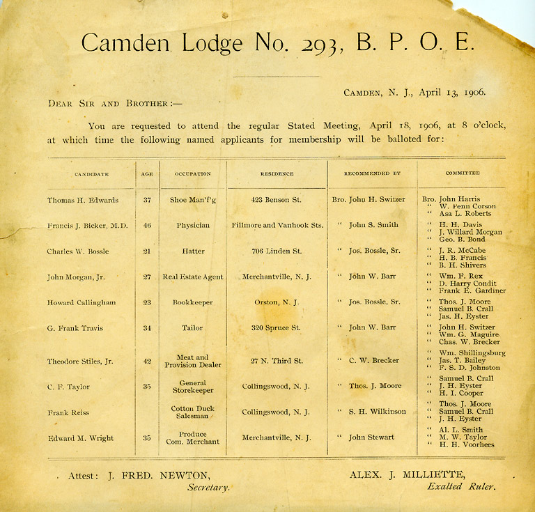 Camden Lodge No. 293 BPOE membership ballot notice, April 13, 1906