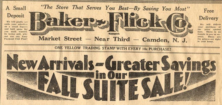 Baker-Flick Department Store, 929 block, Camden Courier-Post, February 13, 1928