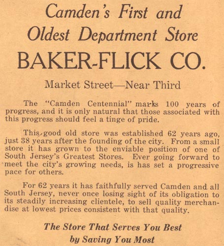 Baker-Flick Department Store exterior, Camden Courier-Post, February 13, 1928