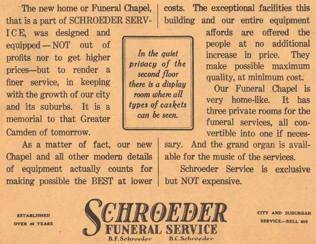 Schroeder Funeral Service advertisement — Camden Courier-Post, July 5, 1926