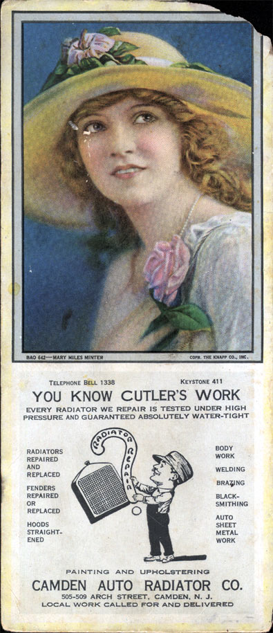 Camden Auto Radiator advertising blotter featuring silent film star Mary Miles Minter