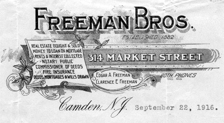 Freeman Brothers letterhead, Camden, N.J., September 22, 1916