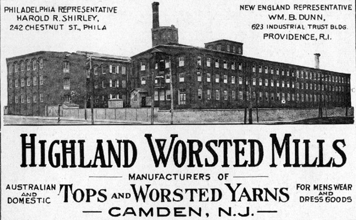 1915 advertisement for the Highland Worsted Mills