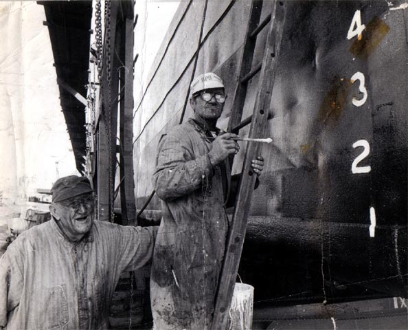 In the Mathis Drydock — Camden Ship Repair era. 'Red' & Johnny Wunch (on ladder).