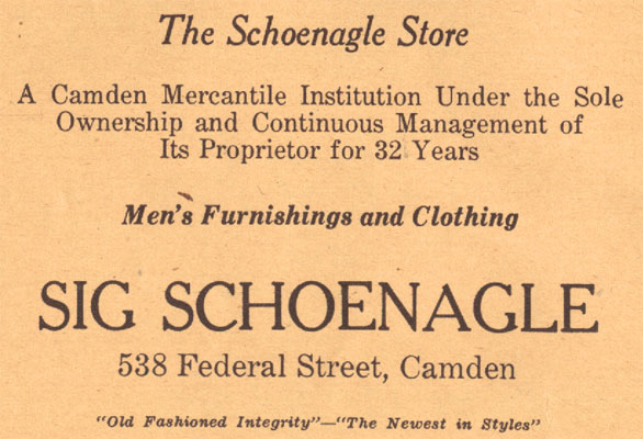 Schoenagle haberdashery advertisement, 1926