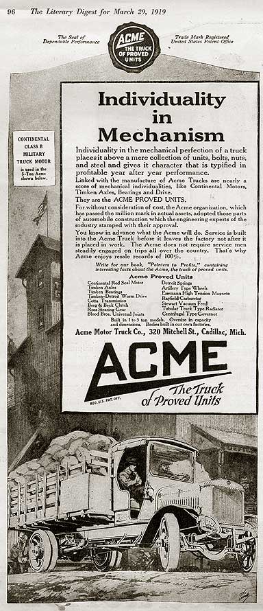 Acme Motor Truck advertisement from The Literary Digest, March 29, 1919