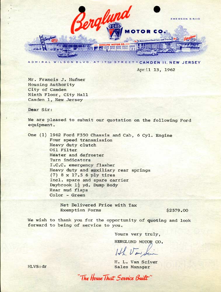 Berglund Ford Letterhead, 1962