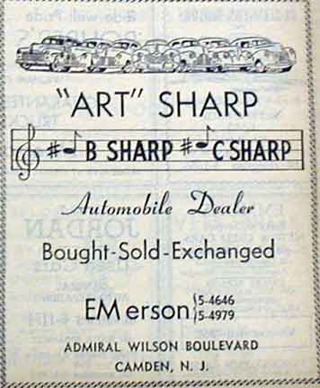 Art Sharp's used car lot advertisement, 1950s